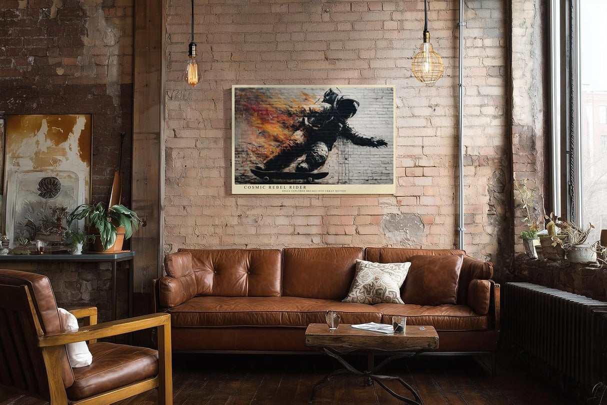 Paul Sinus Wandbild 120x80cm Astronaut Skateboard Street Art Feuer Effekt urban moderne Weltraum Kunst Kunstdruck grosses Wandbild 120x80cm kreative Wanddekoration fuer Wohnzimmer Jugendzimmer Büro