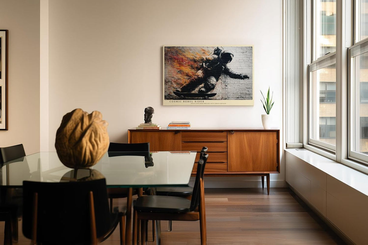 Paul Sinus Wandbild 120x80cm Astronaut Skateboard Street Art Feuer Effekt urban moderne Weltraum Kunst Kunstdruck grosses Wandbild 120x80cm kreative Wanddekoration fuer Wohnzimmer Jugendzimmer Büro
