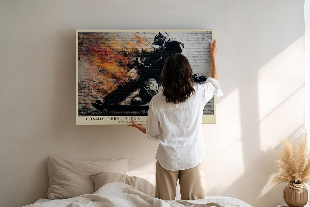 Paul Sinus Wandbild 120x80cm Astronaut Skateboard Street Art Feuer Effekt urban moderne Weltraum Kunst Kunstdruck grosses Wandbild 120x80cm kreative Wanddekoration fuer Wohnzimmer Jugendzimmer Büro