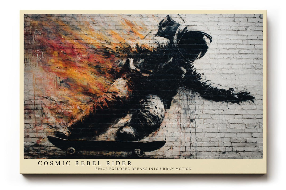 Paul Sinus Wandbild 120x80cm Astronaut Skateboard Street Art Feuer Effekt urban moderne Weltraum Kunst Kunstdruck grosses Wandbild 120x80cm kreative Wanddekoration fuer Wohnzimmer Jugendzimmer Büro