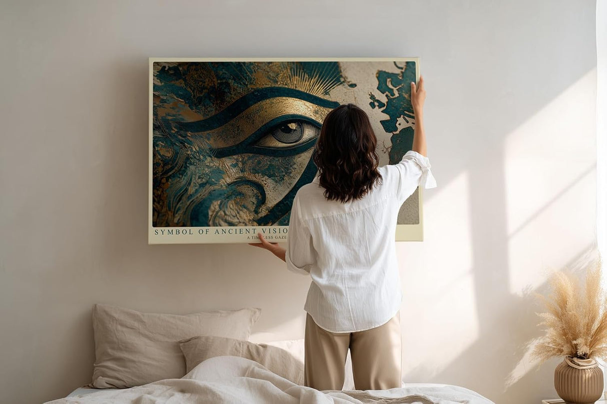 Paul Sinus Wandbild 120x80cm Auge des Horus gold blau aegyptische Symbolkunst Kunstdruck grosses Kunstbild mystische Wanddekoration fuer Wohnzimmer Büro Flur