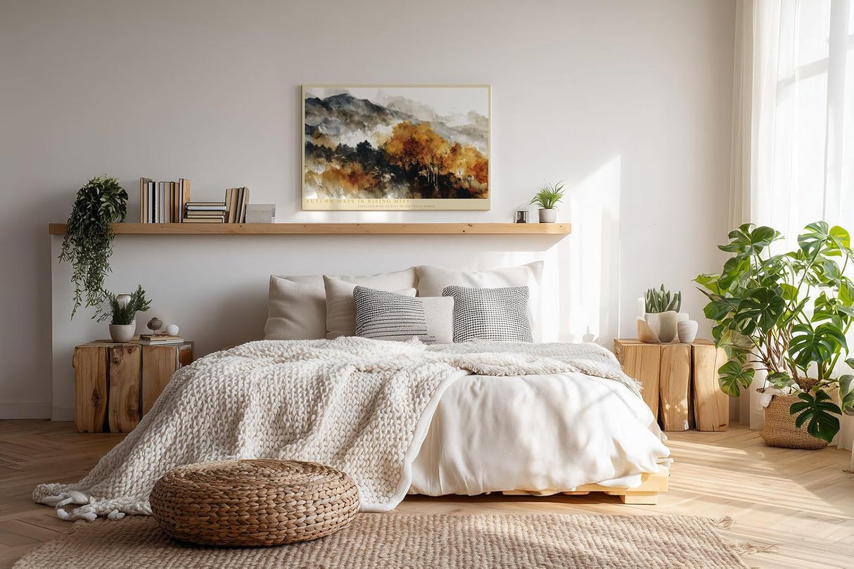 Paul Sinus Wandbild 120x80cm Autumn Mass in Rising Mist Herbst Landschaft mit Bergen und Wald Natur Kunst fuer Wohnzimmer Schlafzimmer und Büro