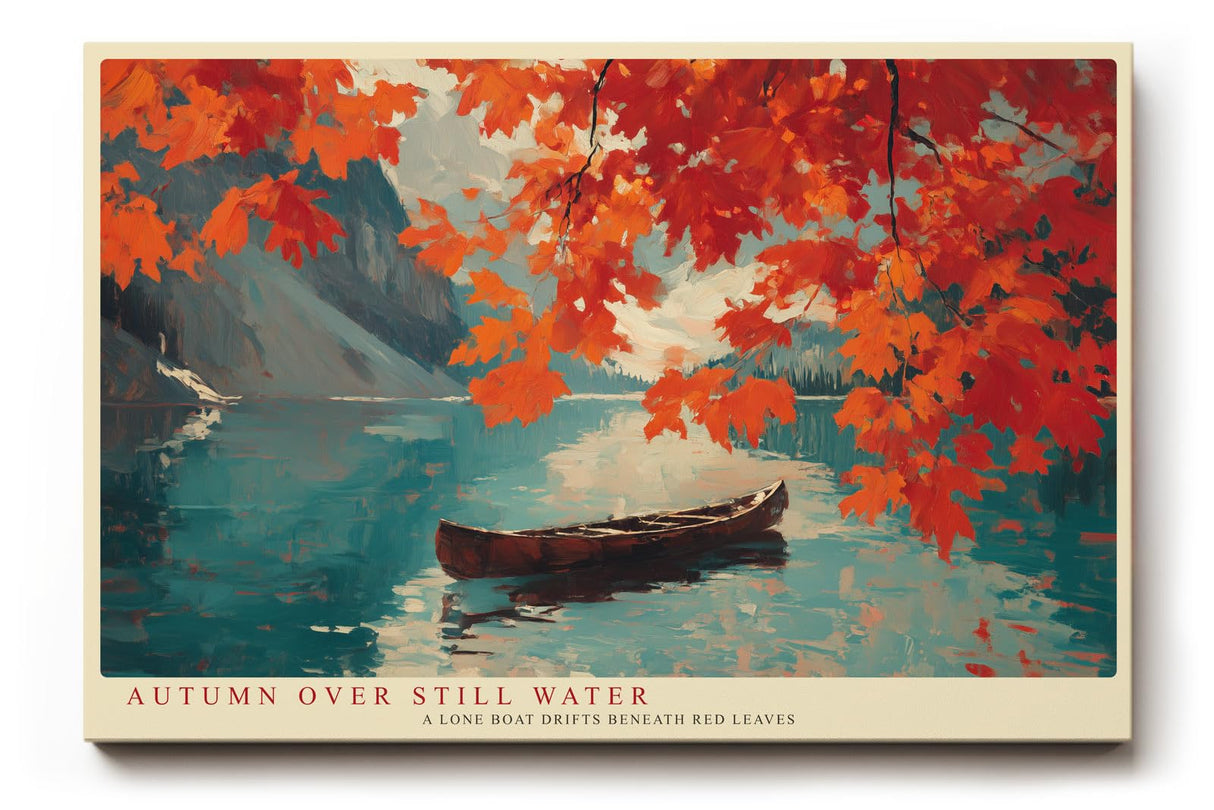 Paul Sinus Wandbild 120x80cm Autumn over Still Water Herbst Landschaft mit rotem Laub und Boot am See Natur Kunst Poster für Wohnzimmer Schlafzimmer