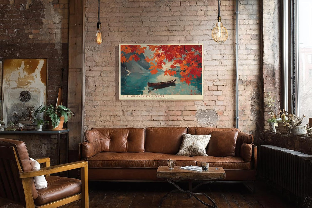 Paul Sinus Wandbild 120x80cm Autumn over Still Water Herbst Landschaft mit rotem Laub und Boot am See Natur Kunst Poster für Wohnzimmer Schlafzimmer