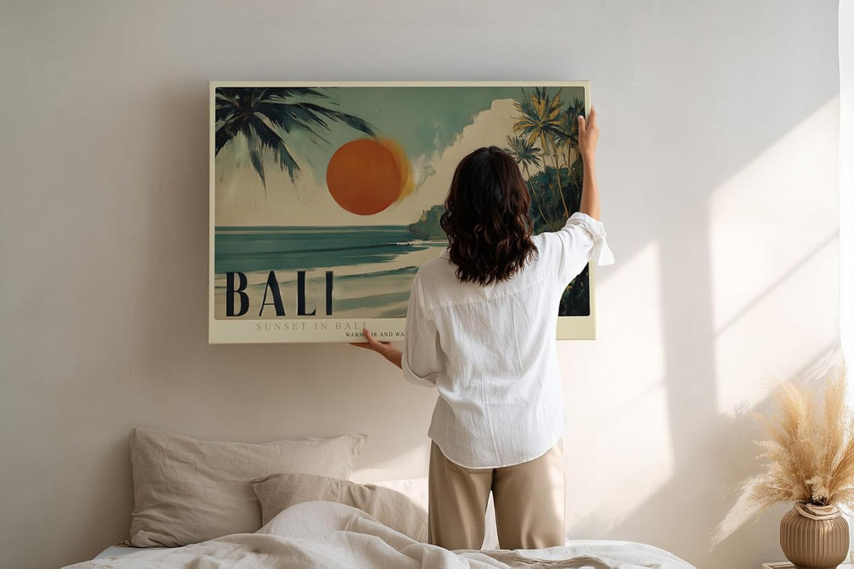 Paul Sinus Wandbild 120x80cm Bali Strand Sonnenuntergang tropische Landschaft moderne Reise Kunst Leinwand Wanddekoration mit Palmen Meer fuer Wohnzimmer
