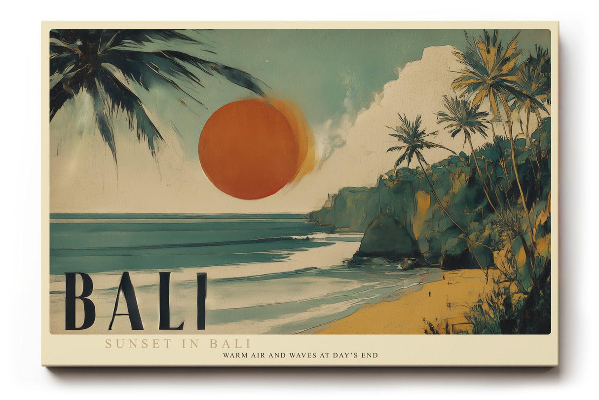 Paul Sinus Wandbild 120x80cm Bali Strand Sonnenuntergang tropische Landschaft moderne Reise Kunst Leinwand Wanddekoration mit Palmen Meer fuer Wohnzimmer