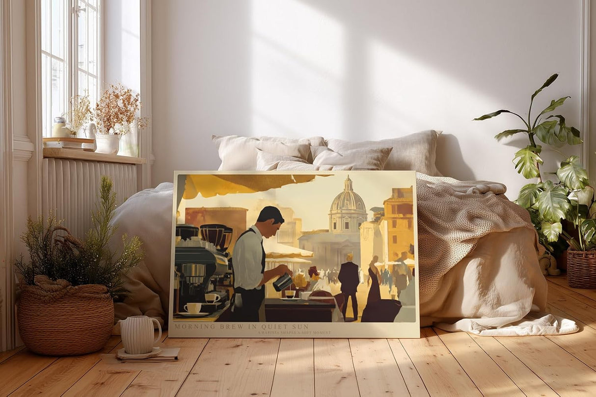 Paul Sinus Wandbild 120x80cm Barista im Morgenlicht urbane Cafe Szene mit mediterranem Flair