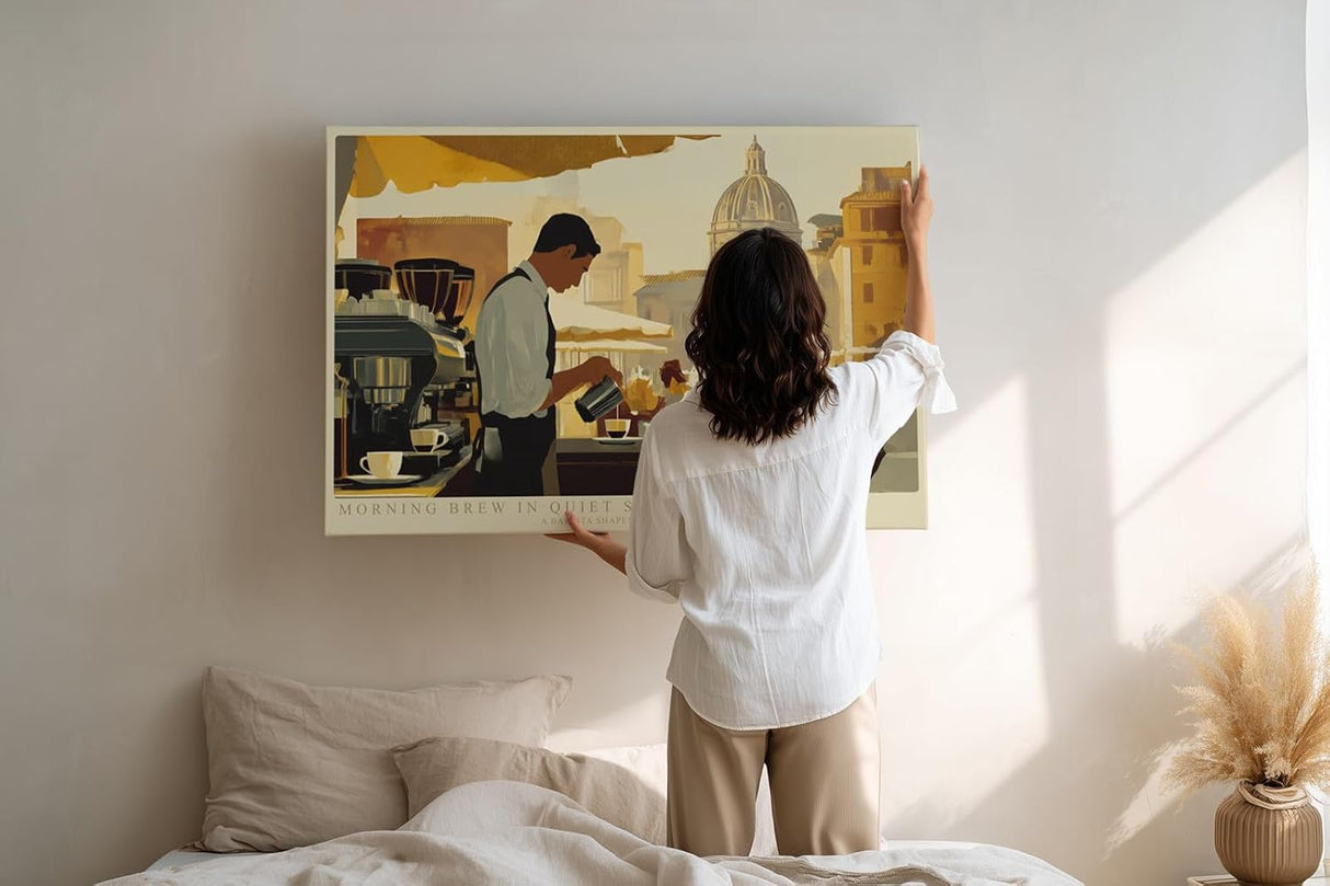 Paul Sinus Wandbild 120x80cm Barista im Morgenlicht urbane Cafe Szene mit mediterranem Flair