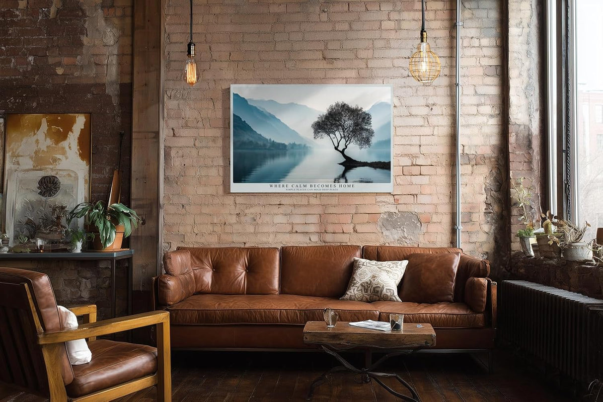 Paul Sinus Wandbild 120x80cm Baum am stillen See Nebel Gebirgslandschaft ruhige Naturfotografie minimalistische Wanddekoration fuer Wohnzimmer Büro