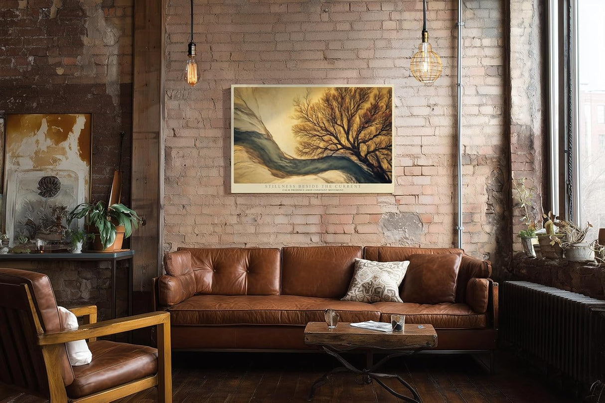 Paul Sinus Wandbild 120x80cm Baum Fluss Landschaft moderne Naturkunst beige blau Kunstdruck grosses Wandbild 120x80cm ruhige Wanddekoration fuer Wohnzimmer Büro