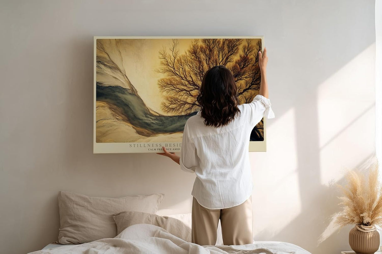 Paul Sinus Wandbild 120x80cm Baum Fluss Landschaft moderne Naturkunst beige blau Kunstdruck grosses Wandbild 120x80cm ruhige Wanddekoration fuer Wohnzimmer Büro