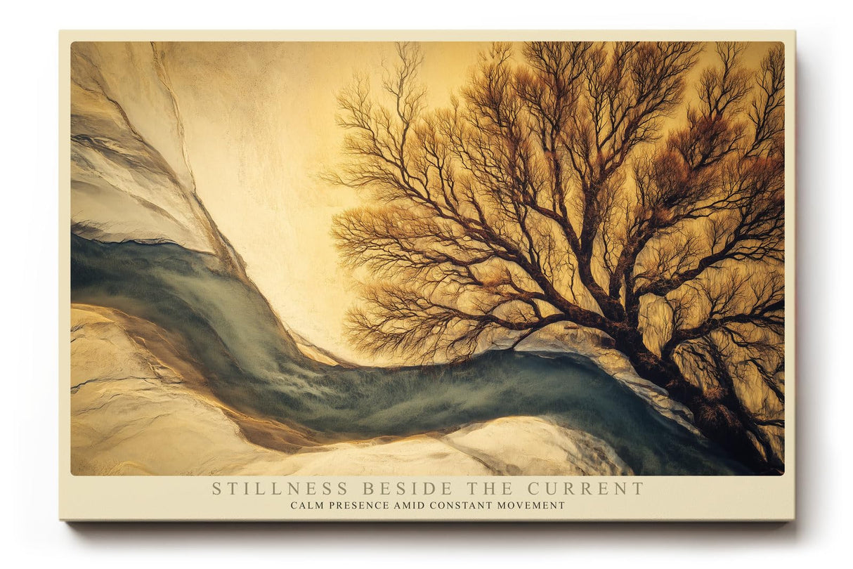 Paul Sinus Wandbild 120x80cm Baum Fluss Landschaft moderne Naturkunst beige blau Kunstdruck grosses Wandbild 120x80cm ruhige Wanddekoration fuer Wohnzimmer Büro
