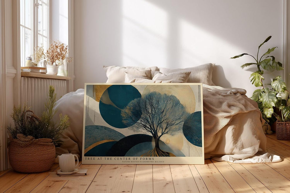 Paul Sinus Wandbild 120x80cm Baum Geometrie modern blau gold abstrakte Natur Kunst Kunstdruck grosses Kunstbild stilvolle Wanddekoration fuer Wohnzimmer Büro Flur