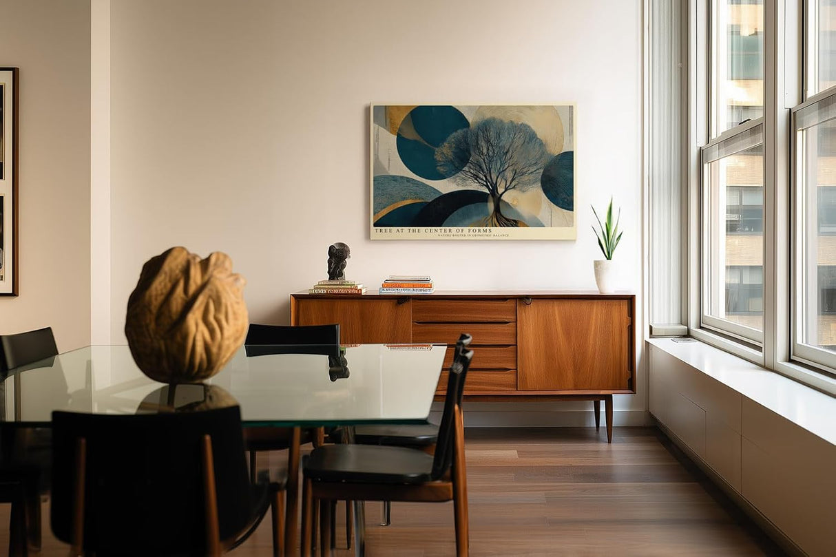Paul Sinus Wandbild 120x80cm Baum Geometrie modern blau gold abstrakte Natur Kunst Kunstdruck grosses Kunstbild stilvolle Wanddekoration fuer Wohnzimmer Büro Flur