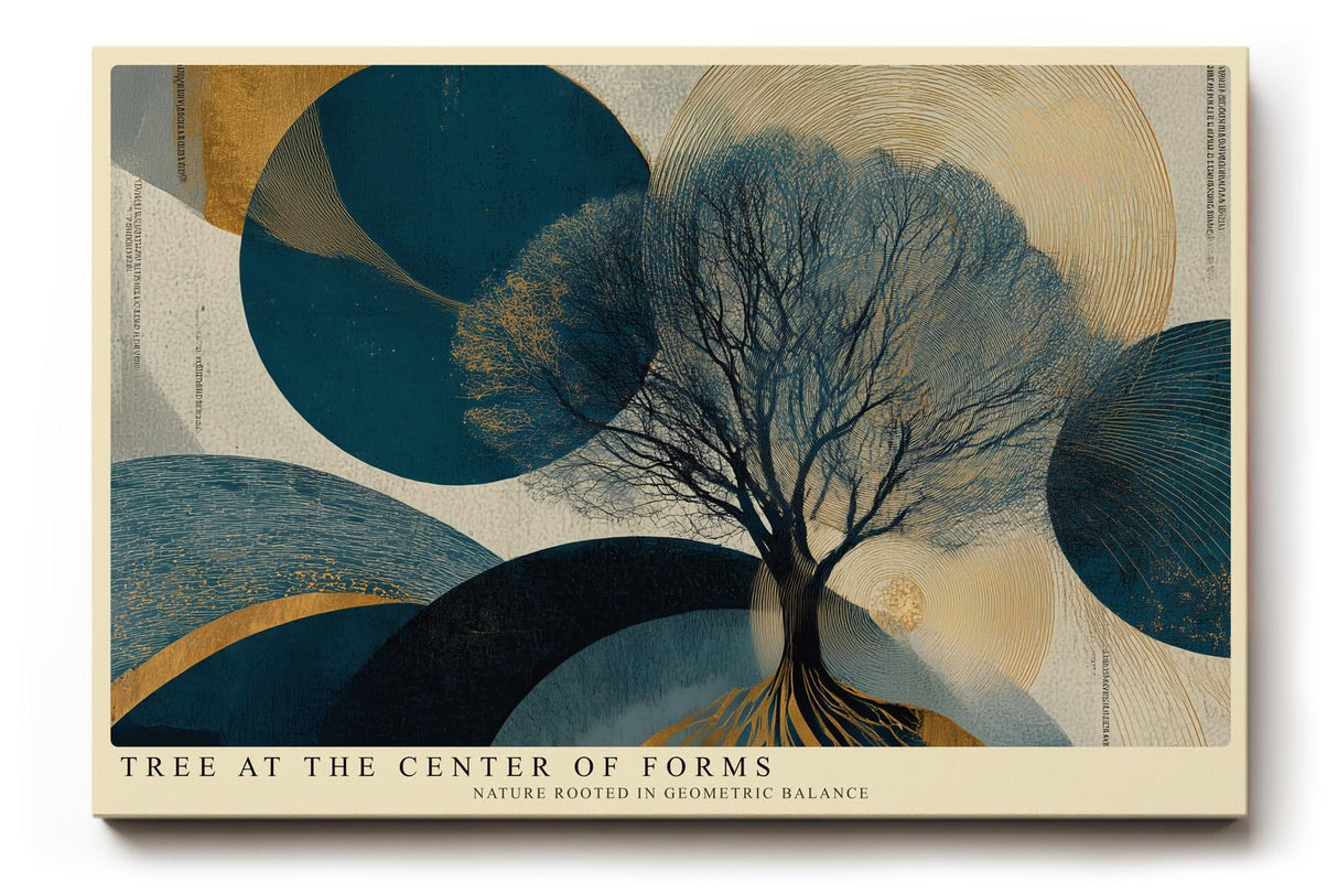 Paul Sinus Wandbild 120x80cm Baum Geometrie modern blau gold abstrakte Natur Kunst Kunstdruck grosses Kunstbild stilvolle Wanddekoration fuer Wohnzimmer Büro Flur