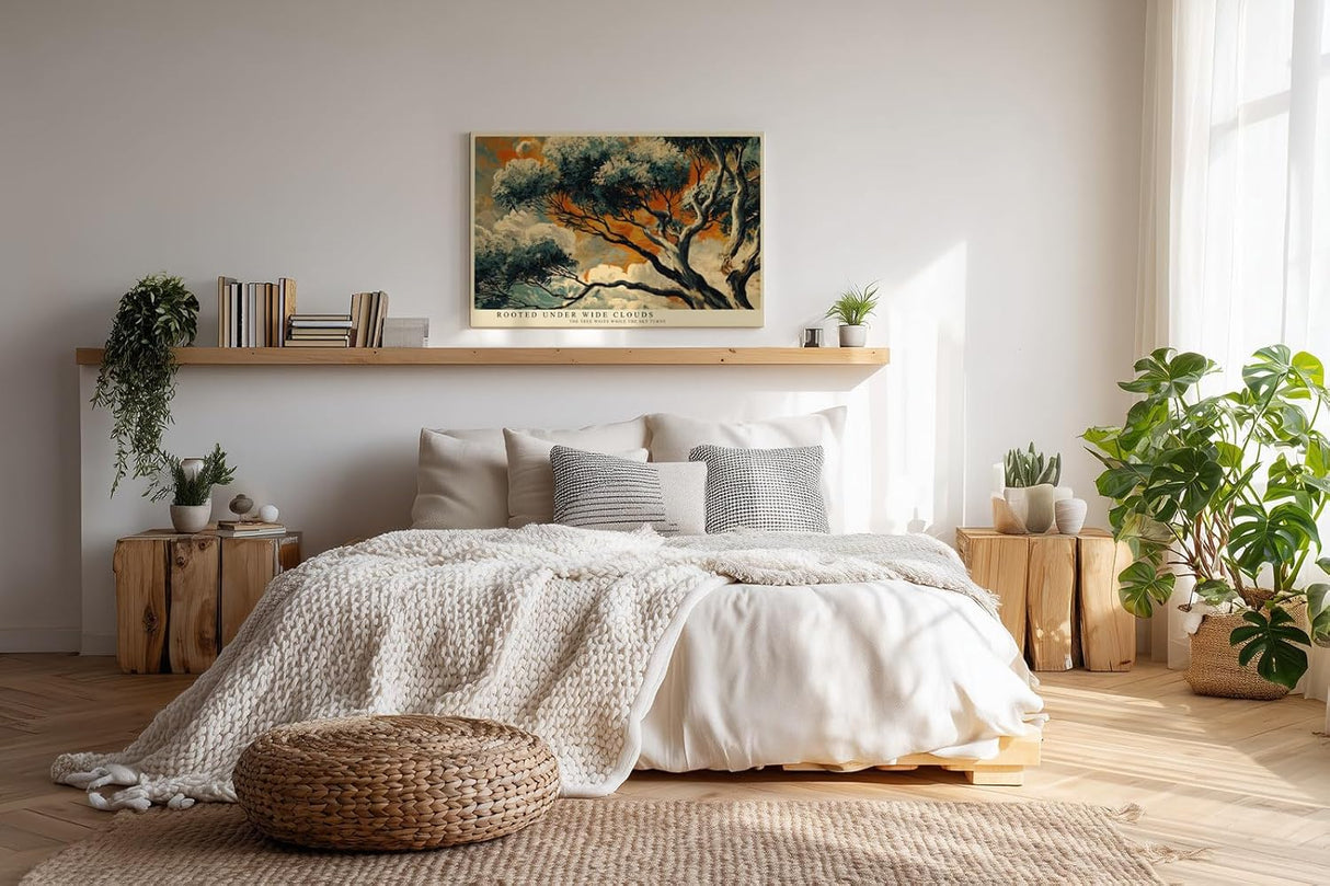 Paul Sinus Wandbild 120x80cm Baum Landschaft Kunst mit Dramatischem Himmel in Orange Blau für Wohnzimmer Büro und Flur