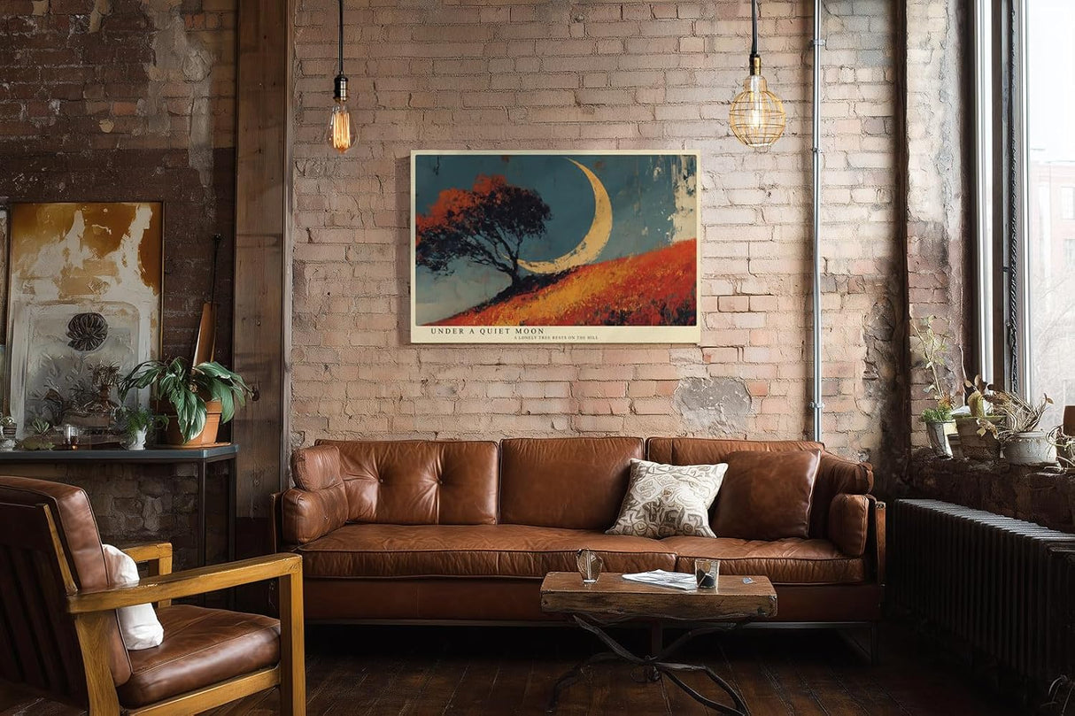 Paul Sinus Wandbild 120x80cm Baum Landschaft mit Mond moderne Naturkunst roter Huegel Himmel Landschaftsbild stilvolle Wanddekoration fuer Wohnzimmer Büro
