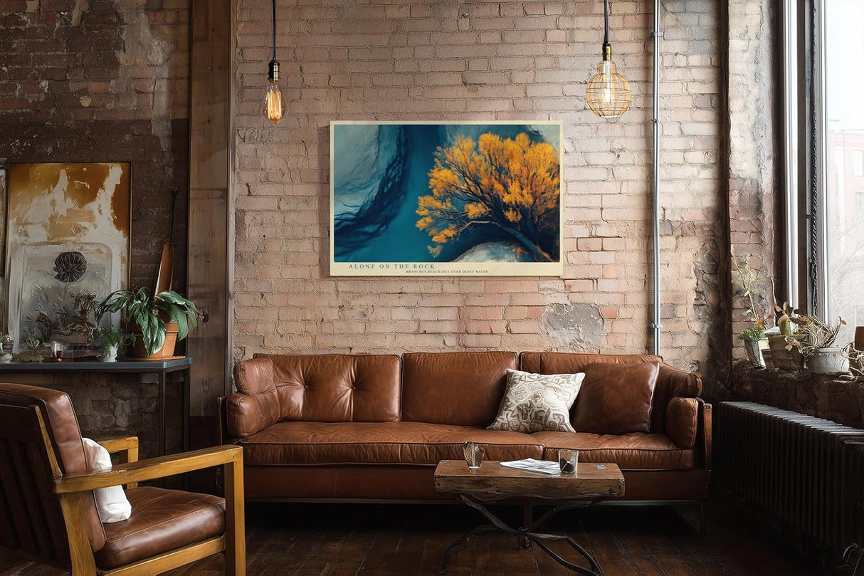 Paul Sinus Wandbild 120x80cm Baum Landschaft moderne Naturkunst goldene Blaetter ruhige Wasserlandschaft stilvolle Wanddekoration fuer Wohnzimmer Büro
