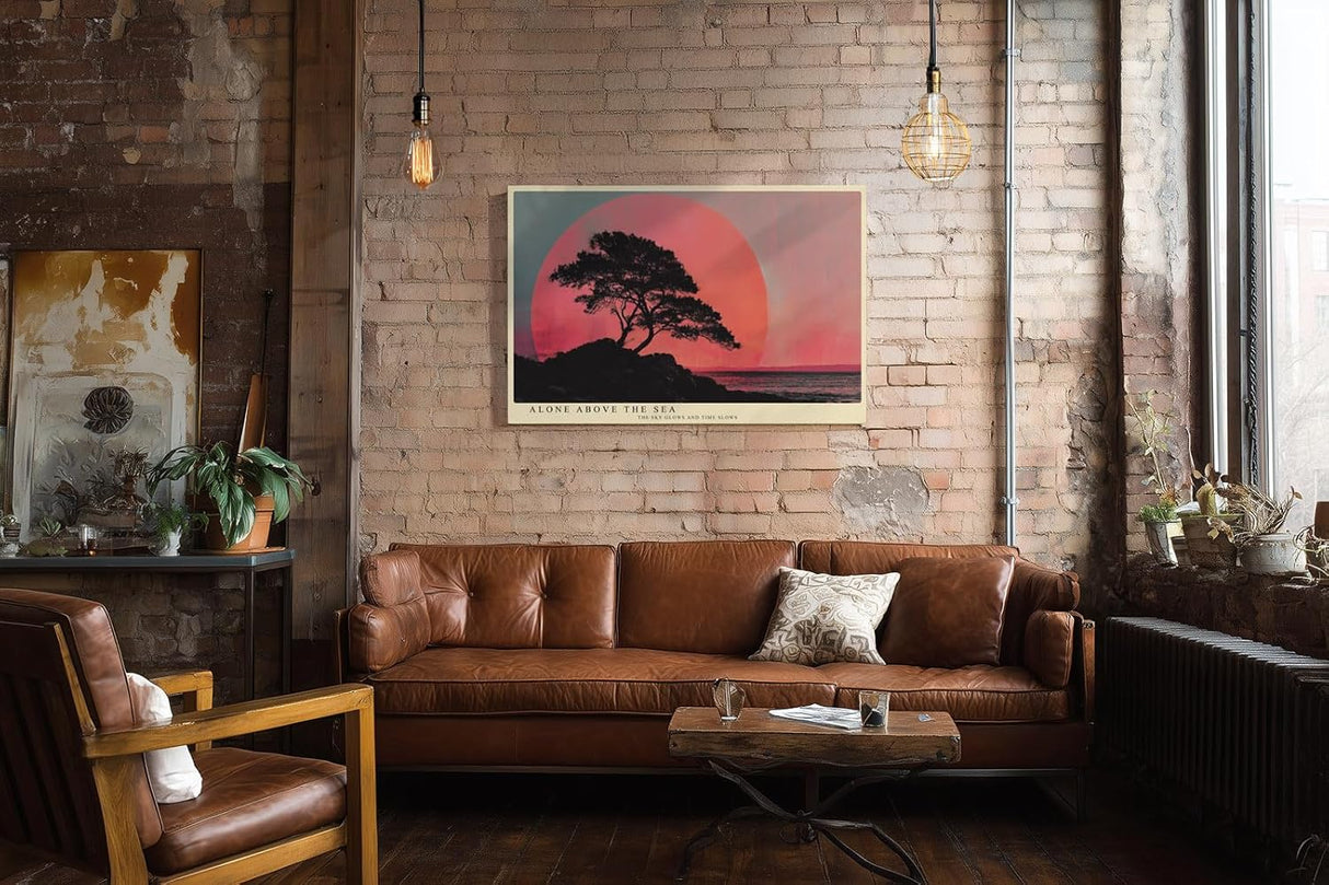Paul Sinus Wandbild 120x80cm Baum Silhouette am Meer Roter Sonnenuntergang Minimalistische Landschaft Kunst Wanddekoration
