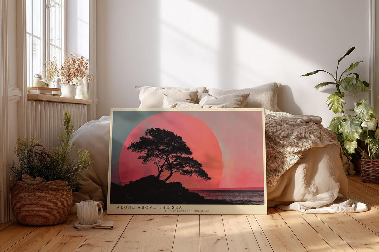 Paul Sinus Wandbild 120x80cm Baum Silhouette am Meer Roter Sonnenuntergang Minimalistische Landschaft Kunst Wanddekoration