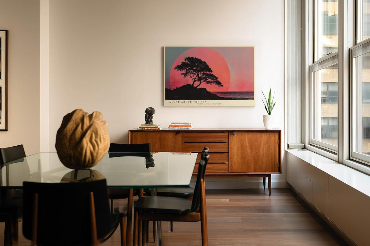 Paul Sinus Wandbild 120x80cm Baum Silhouette am Meer Roter Sonnenuntergang Minimalistische Landschaft Kunst Wanddekoration