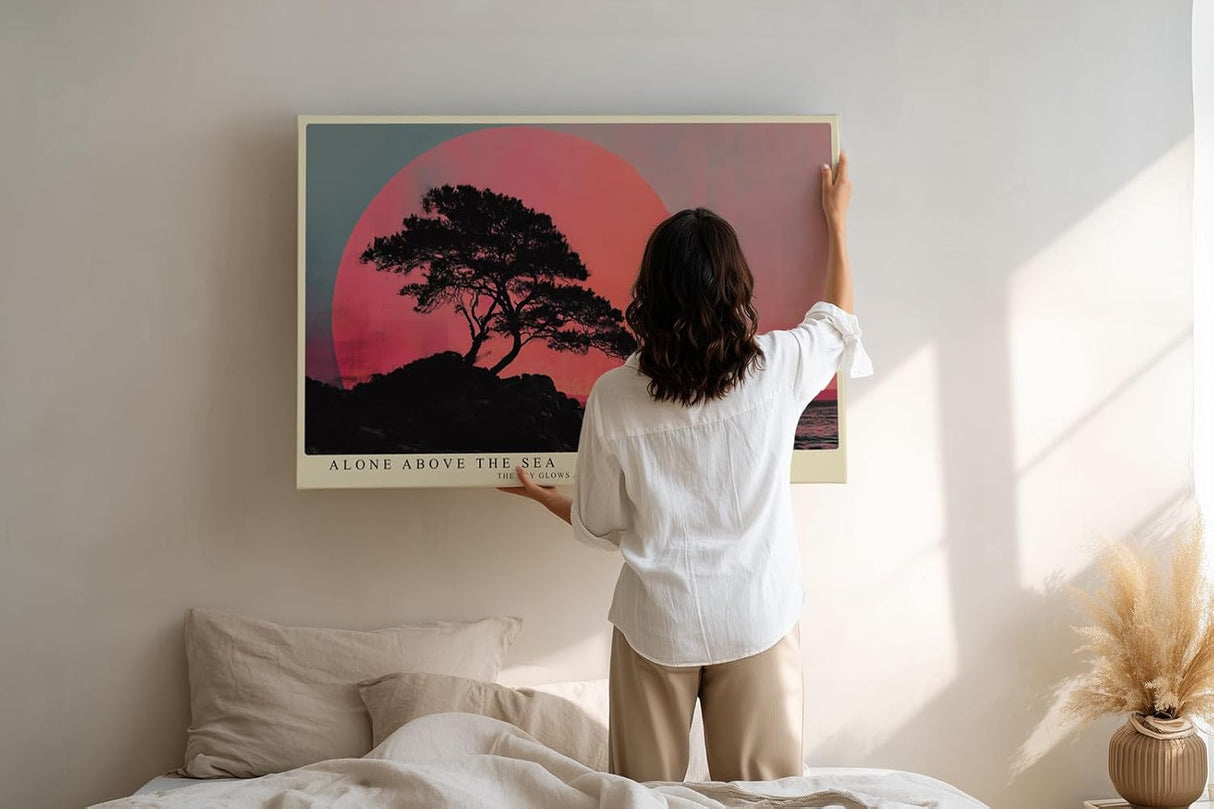 Paul Sinus Wandbild 120x80cm Baum Silhouette am Meer Roter Sonnenuntergang Minimalistische Landschaft Kunst Wanddekoration