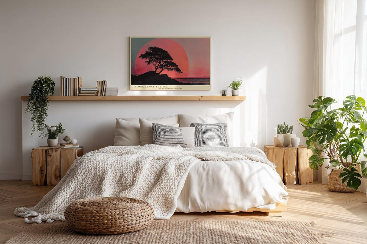 Paul Sinus Wandbild 120x80cm Baum Silhouette am Meer Roter Sonnenuntergang Minimalistische Landschaft Kunst Wanddekoration