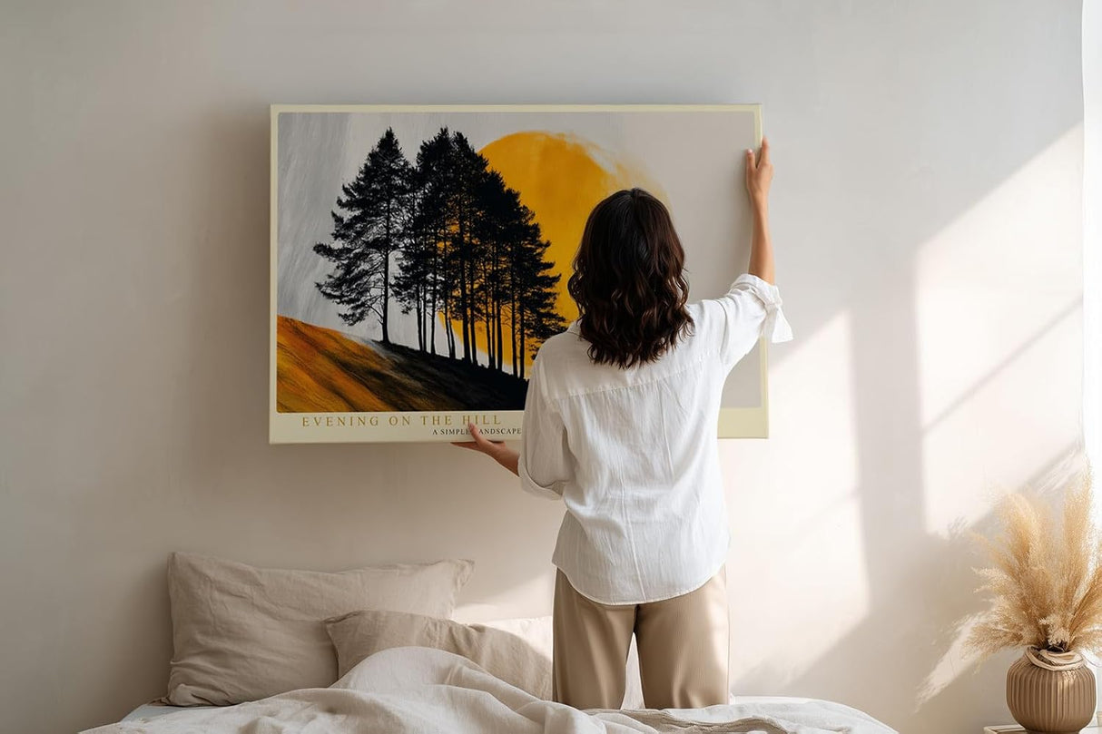 Paul Sinus Wandbild 120x80cm Baum Silhouette Sonne modern gelb schwarz Landschaft Kunstdruck grosses Kunstbild stilvolle Wanddekoration fuer Wohnzimmer Büro Flur