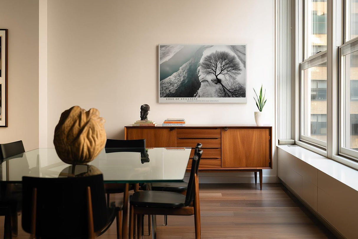 Paul Sinus Wandbild 120x80cm Baum Winter Landschaft schwarz weiss minimalistische Naturfotografie Wanddekoration fuer Wohnzimmer Büro