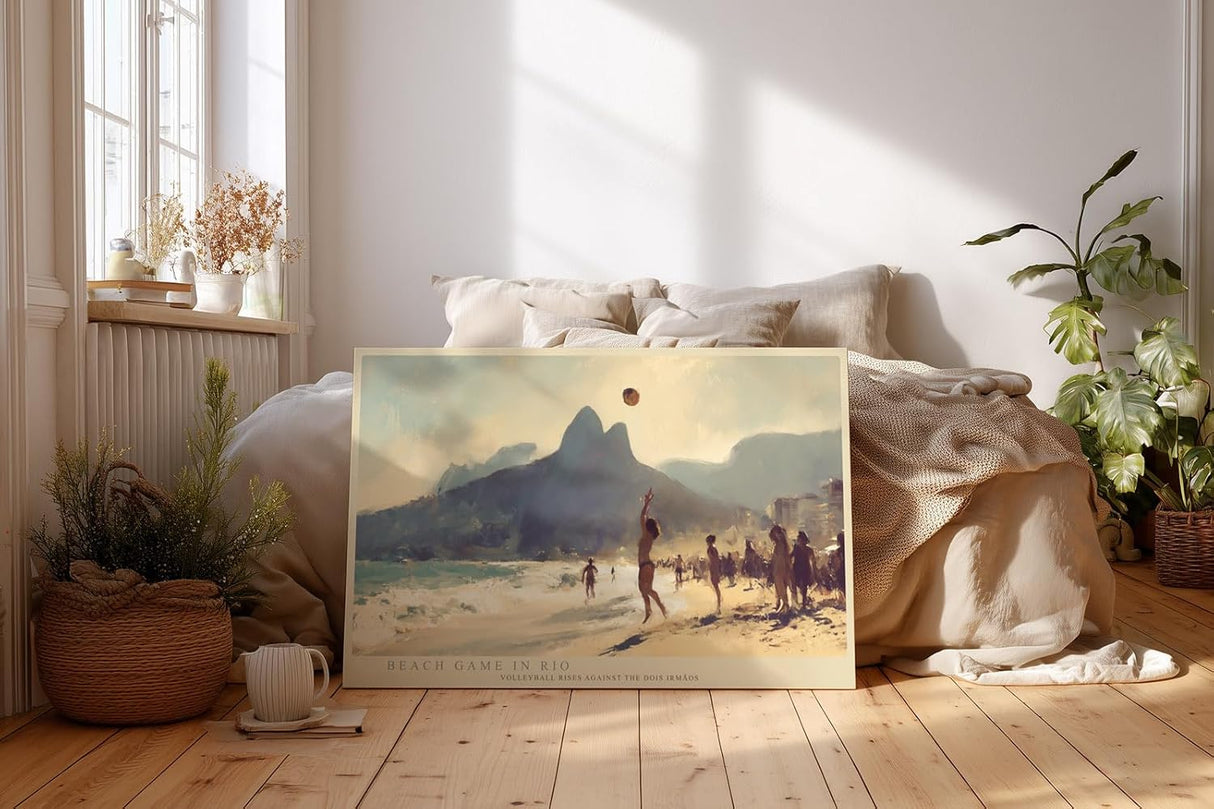 Paul Sinus Wandbild 120x80cm Beach Game in Rio Strand Volleyball Szene mit Blick auf Dois Irmaos Kuestenlandschaft Kunst fuer Wohnzimmer und Büro