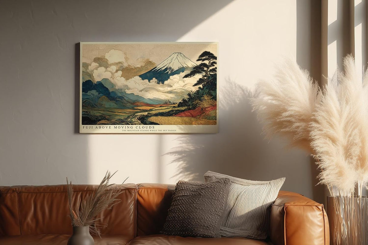 Paul Sinus Wandbild 120x80cm Berg Fuji Japanische Landschaft Kunstmotiv Traditionelle Natur Szene mit Wolken und Bergen