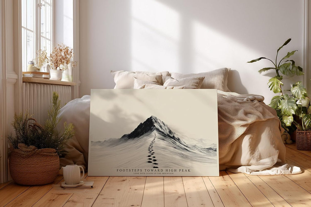 Paul Sinus Wandbild 120x80cm Berg Landschaft minimalistische Naturkunst schwarzer Gipfel Fussabdruecke Kunstdruck stilvolle Wanddekoration fuer Wohnzimmer Büro Flur