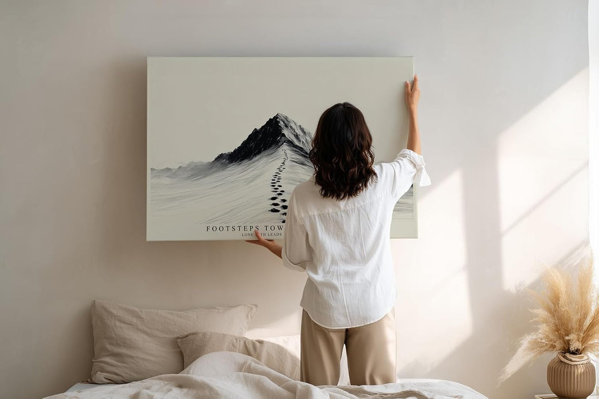 Paul Sinus Wandbild 120x80cm Berg Landschaft minimalistische Naturkunst schwarzer Gipfel Fussabdruecke Kunstdruck stilvolle Wanddekoration fuer Wohnzimmer Büro Flur