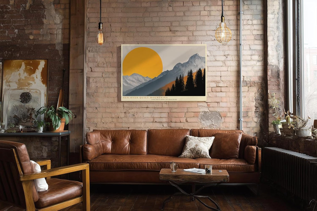 Paul Sinus Wandbild 120x80cm Berge Landschaft mit großer Sonne moderne Natur Illustration orange grau Bergpanorama stilvolle