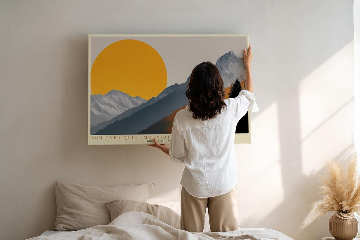 Paul Sinus Wandbild 120x80cm Berge Landschaft mit großer Sonne moderne Natur Illustration orange grau Bergpanorama stilvolle