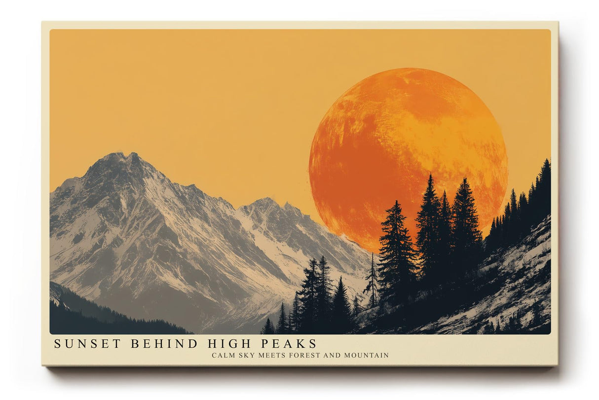 Paul Sinus Wandbild 120x80cm Berge mit großer Abendsonne moderne Landschaft Illustration orange grau Natur Kunstbild stilvolle