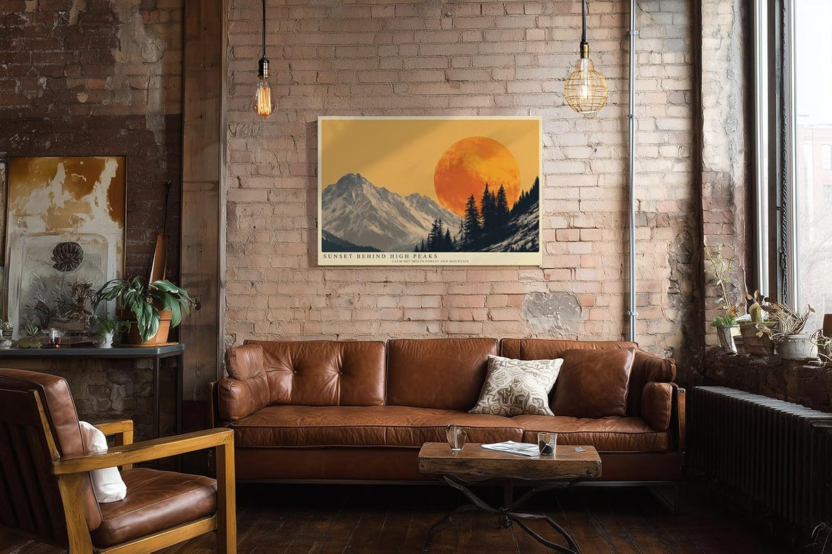 Paul Sinus Wandbild 120x80cm Berge mit großer Abendsonne moderne Landschaft Illustration orange grau Natur Kunstbild stilvolle