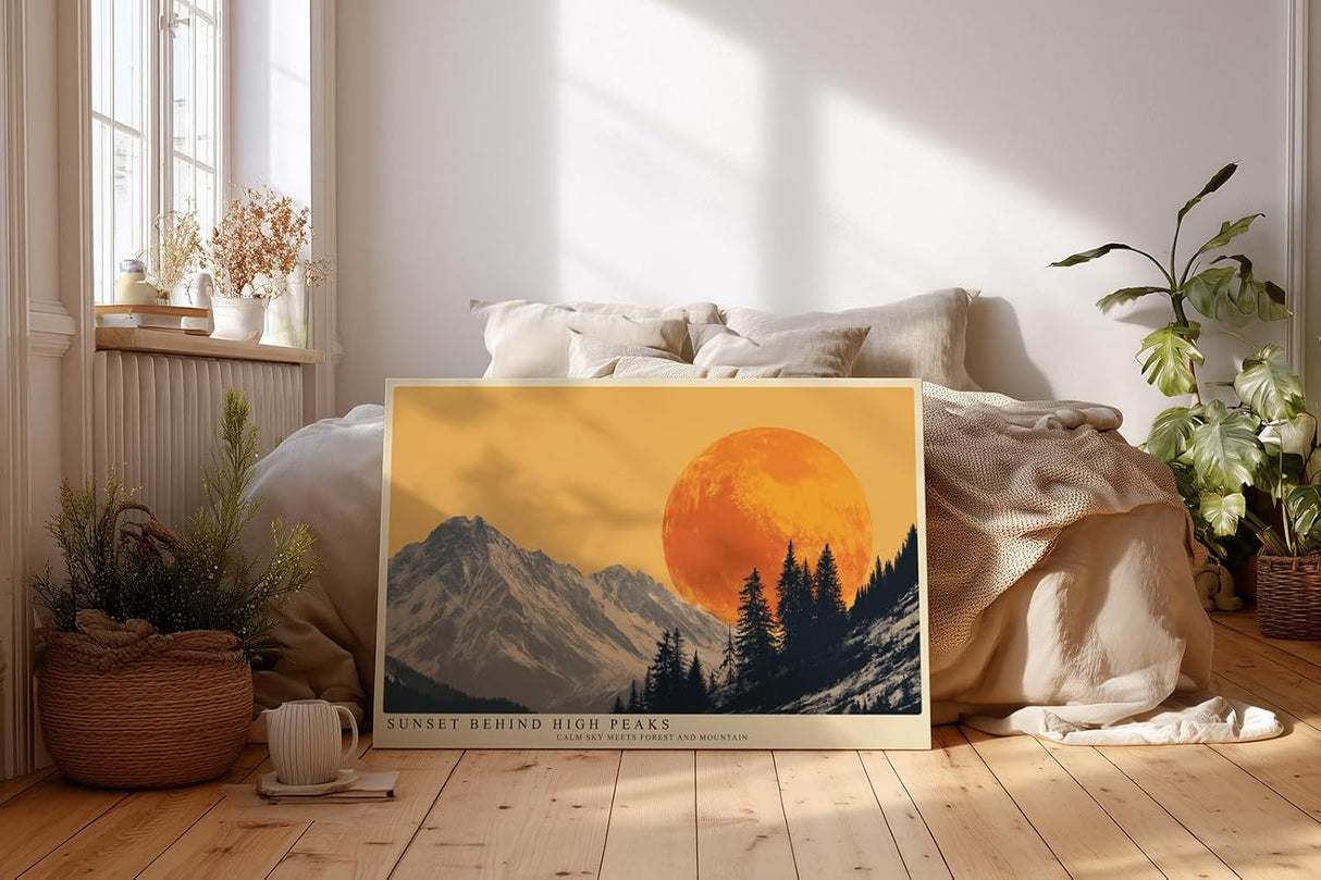 Paul Sinus Wandbild 120x80cm Berge mit großer Abendsonne moderne Landschaft Illustration orange grau Natur Kunstbild stilvolle