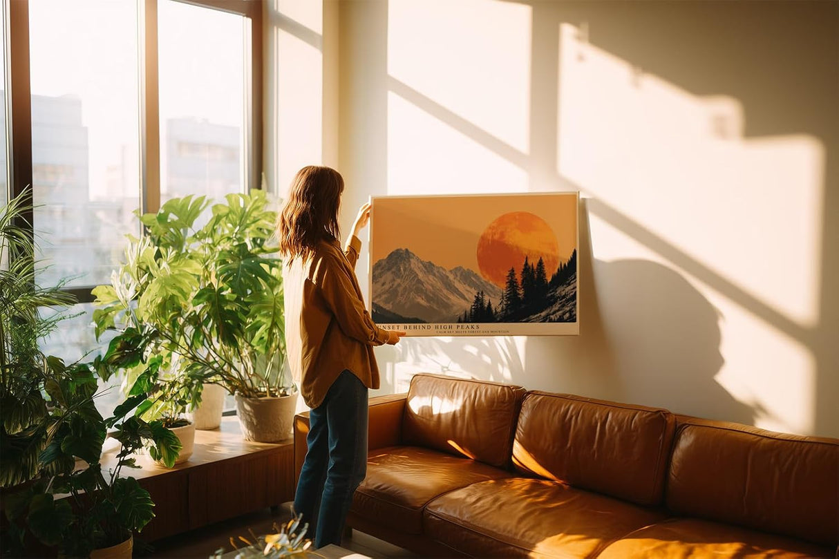 Paul Sinus Wandbild 120x80cm Berge mit großer Abendsonne moderne Landschaft Illustration orange grau Natur Kunstbild stilvolle