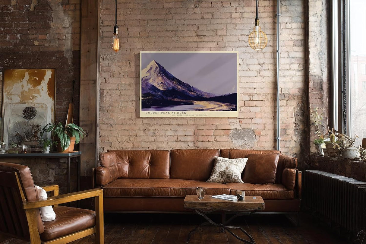 Paul Sinus Wandbild 120x80cm Berglandschaft Abendlicht goldene Gipfel ruhiger Fluss moderne Landschaftskunst violett gold Kunstbild stilvolle