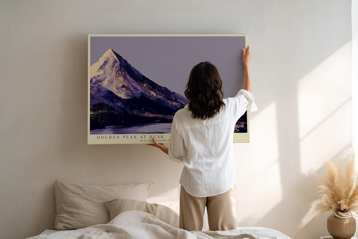 Paul Sinus Wandbild 120x80cm Berglandschaft Abendlicht goldene Gipfel ruhiger Fluss moderne Landschaftskunst violett gold Kunstbild stilvolle