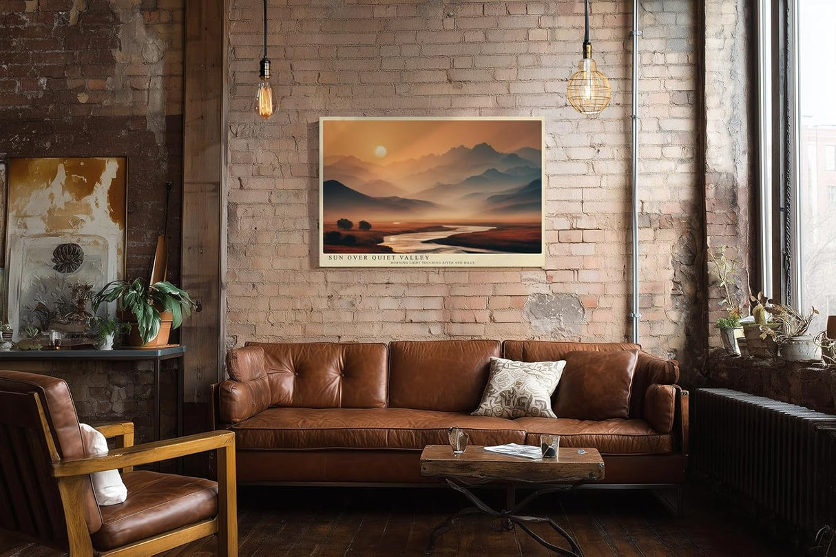 Paul Sinus Wandbild 120x80cm Berglandschaft mit Fluss bei Sonnenaufgang moderne Natur Landschaft Fotokunst warmes Morgenlicht Kunstposter für Wohnzimmer Schlafzimmer Büro