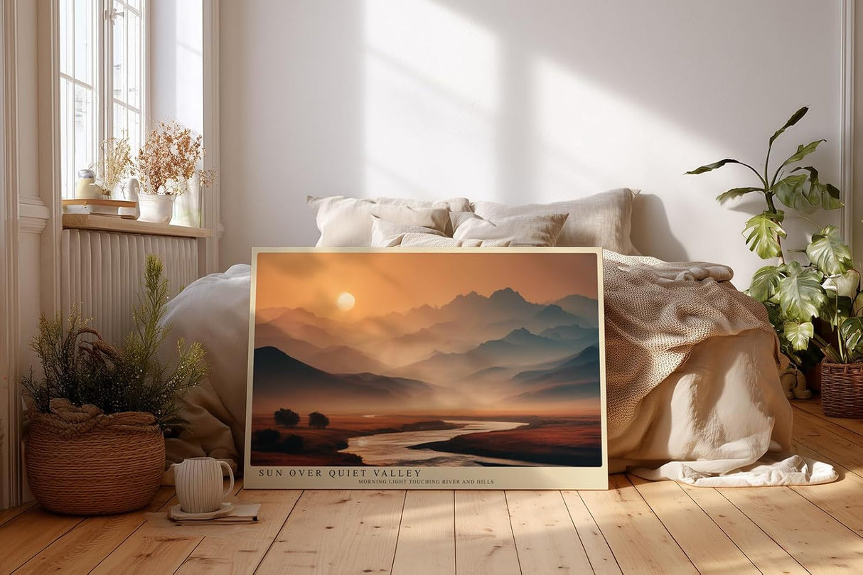 Paul Sinus Wandbild 120x80cm Berglandschaft mit Fluss bei Sonnenaufgang moderne Natur Landschaft Fotokunst warmes Morgenlicht Kunstposter für Wohnzimmer Schlafzimmer Büro