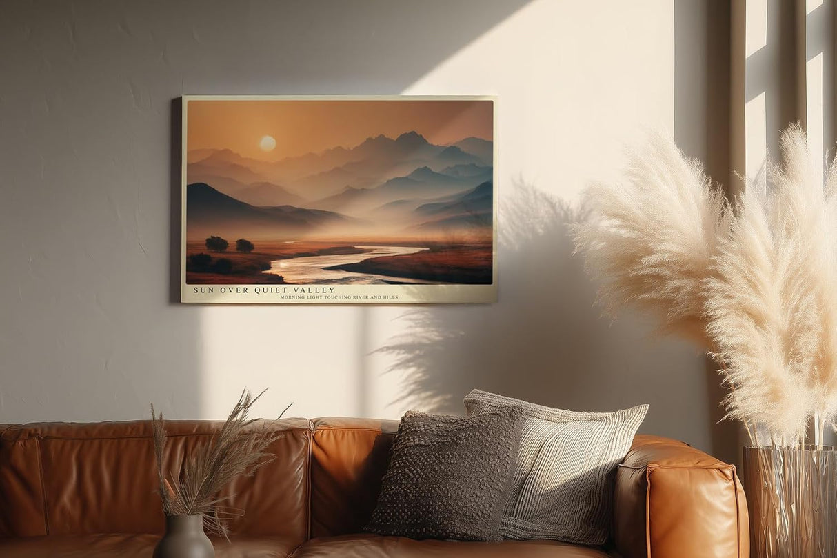 Paul Sinus Wandbild 120x80cm Berglandschaft mit Fluss bei Sonnenaufgang moderne Natur Landschaft Fotokunst warmes Morgenlicht Kunstposter für Wohnzimmer Schlafzimmer Büro