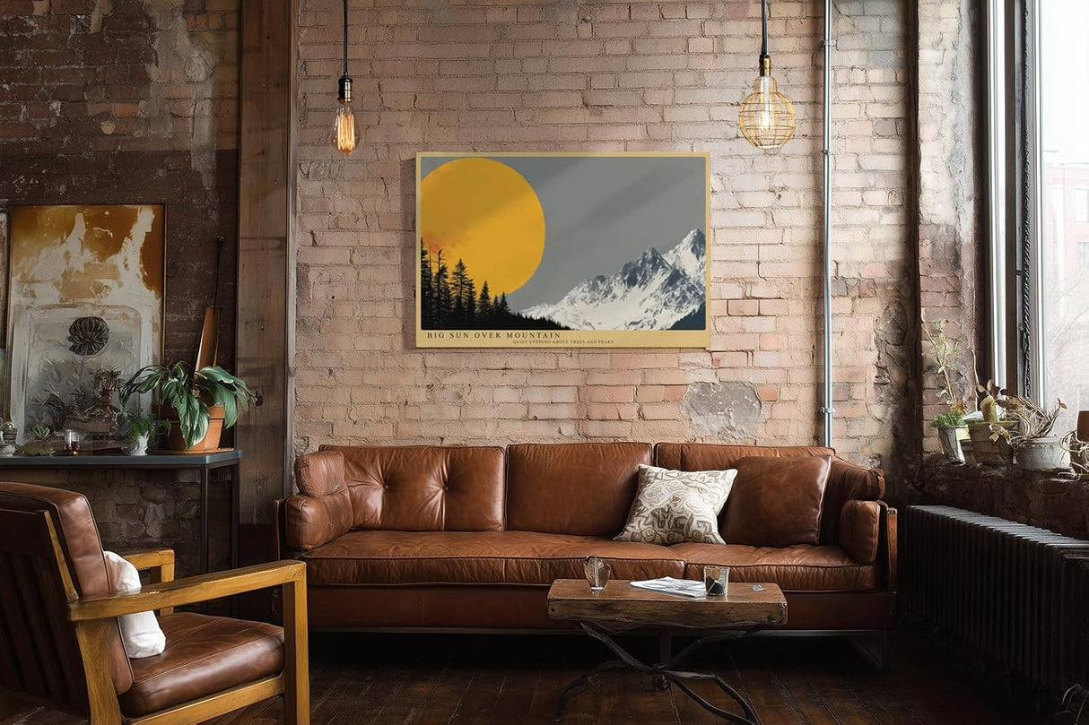 Paul Sinus Wandbild 120x80cm Berglandschaft mit großer Sonne minimalistische Natur Illustration grau orange Panorama stilvolle