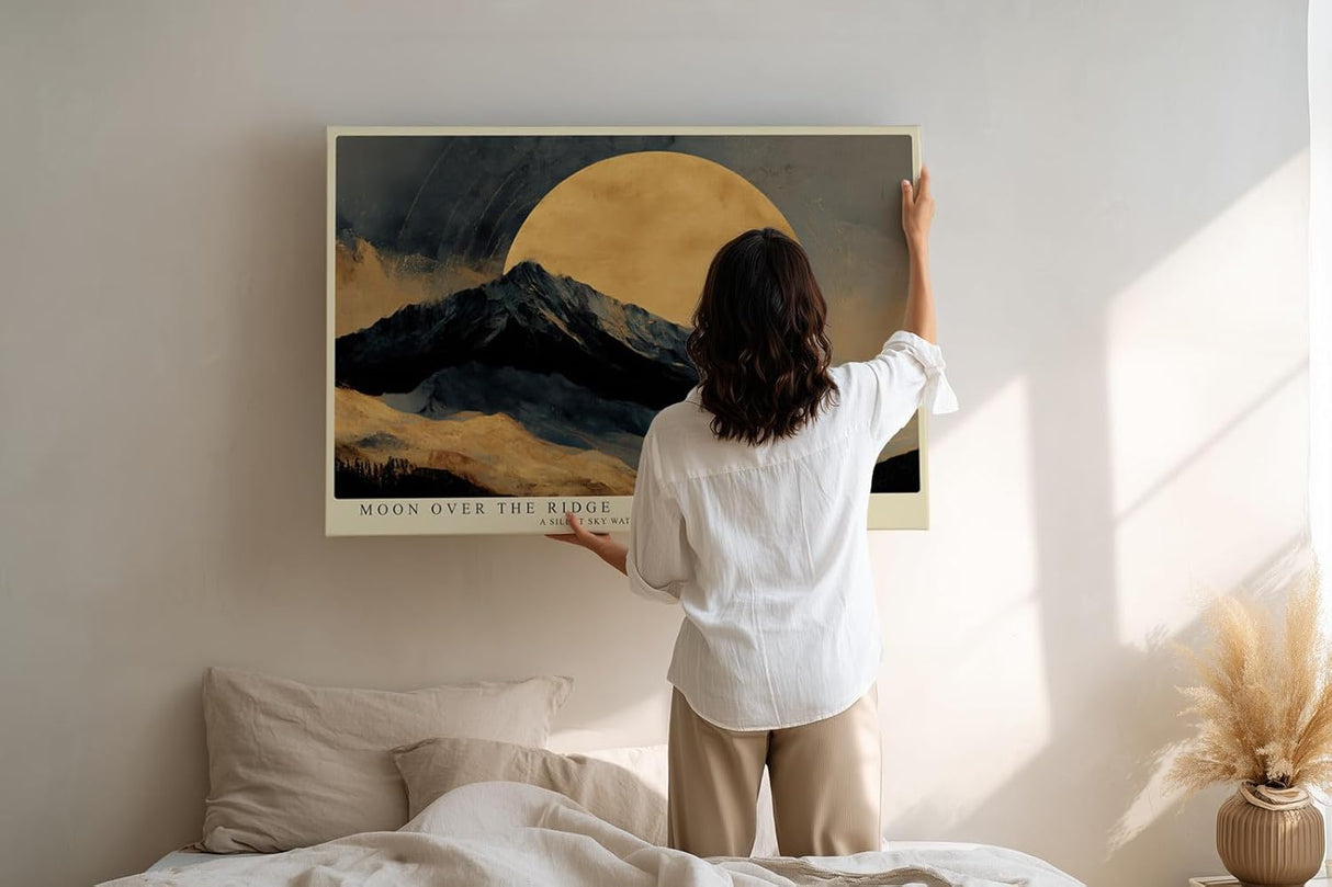 Paul Sinus Wandbild 120x80cm Berglandschaft Mond goldener Himmel moderne Landschaft Kunst Wanddekoration fuer Wohnzimmer Büro