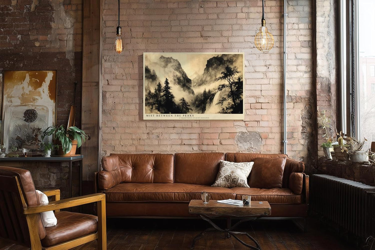 Paul Sinus Wandbild 120x80cm Berglandschaft Nebel Tusche Stil modern schwarz beige Kunstdruck grosses Landschaft Kunstbild elegante Wanddekoration fuer Wohnzimmer Büro