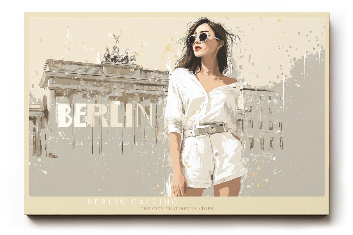 Paul Sinus Wandbild Berlin Calling modernes Stadtmotiv mit Frau vor dem Brandenburger Tor in urbanem Stil für zeitgenössische Wohnräume und Loftdesigns