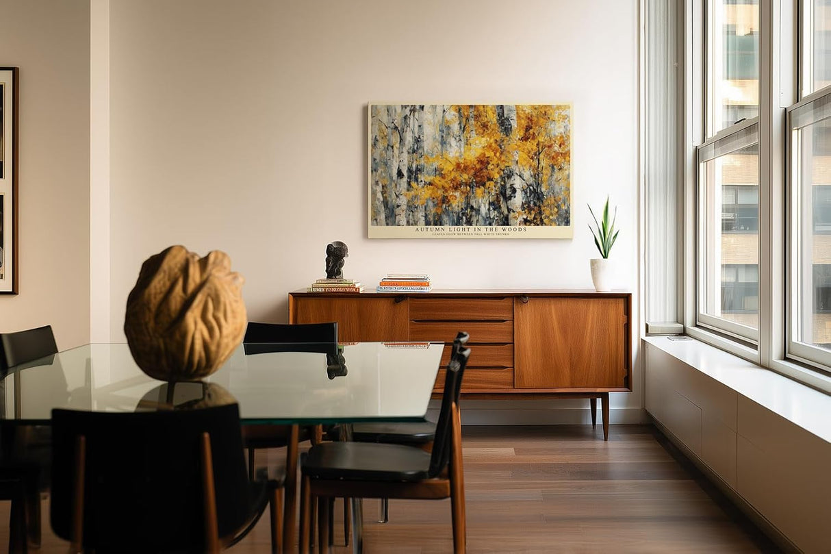 Paul Sinus Wandbild 120x80cm Birkenwald im Herbst goldene Blaetter moderne Landschaftsmalerei Leinwand Wanddekoration warme Naturkunst fuer Wohnzimmer Büro