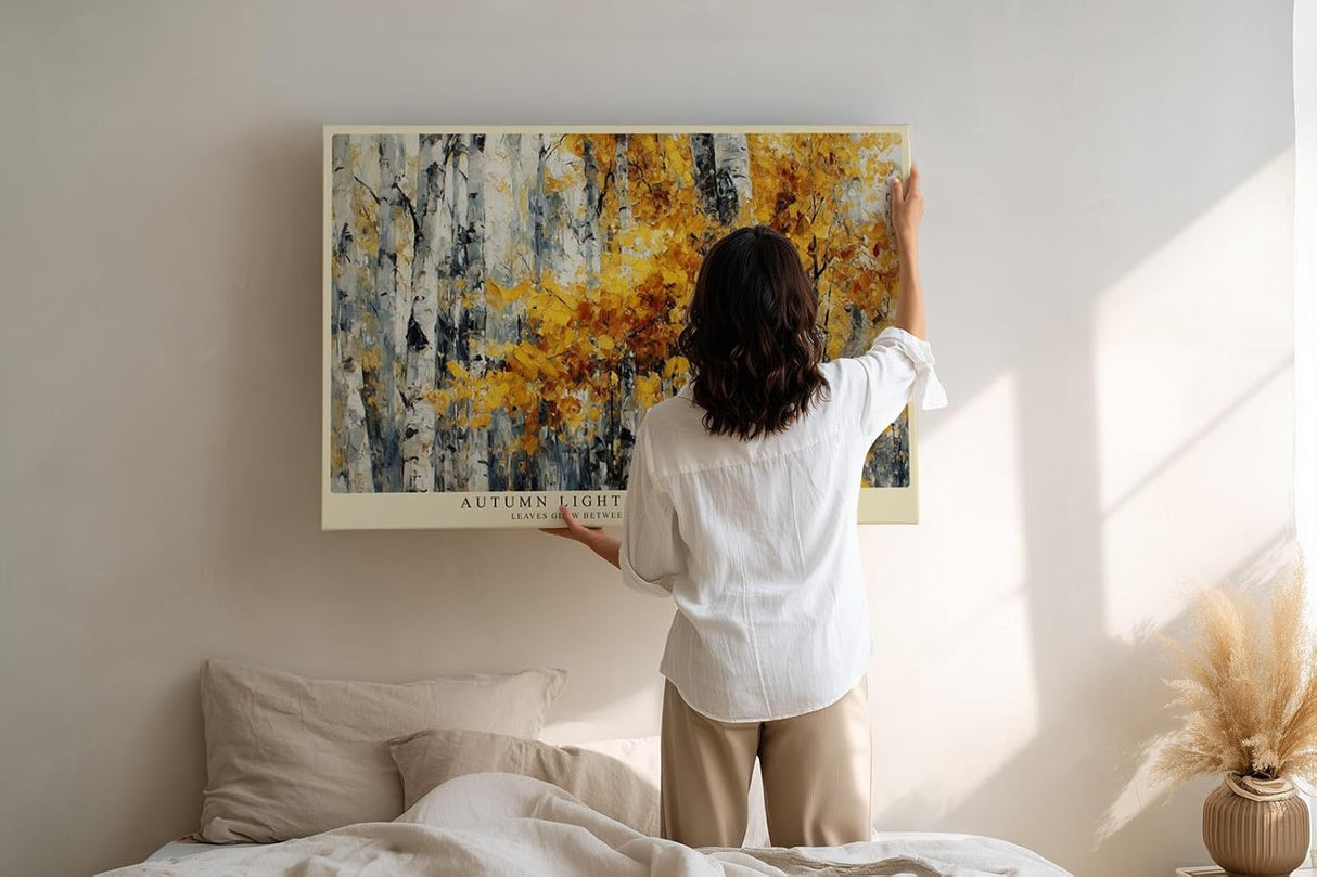 Paul Sinus Wandbild 120x80cm Birkenwald im Herbst goldene Blaetter moderne Landschaftsmalerei Leinwand Wanddekoration warme Naturkunst fuer Wohnzimmer Büro